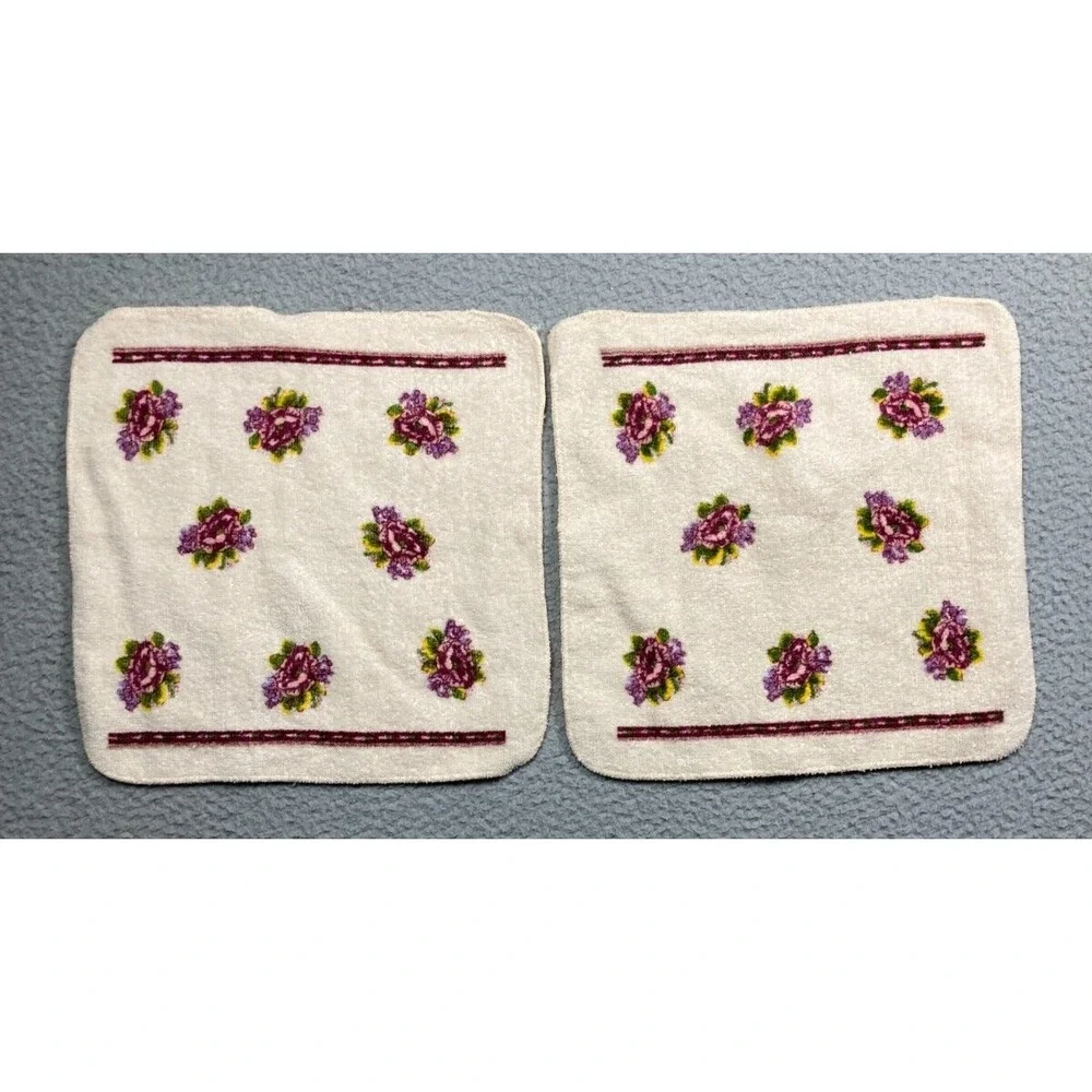 Vintage Cannon Bath Wash Cloths Beige Purple Floral 11 Inch Squares Lot of 2